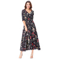 Kate Kasin Sexy patrón floral de la mitad de la manga del V-cuello botón Placket Maxi vestido dividido KK000652-1